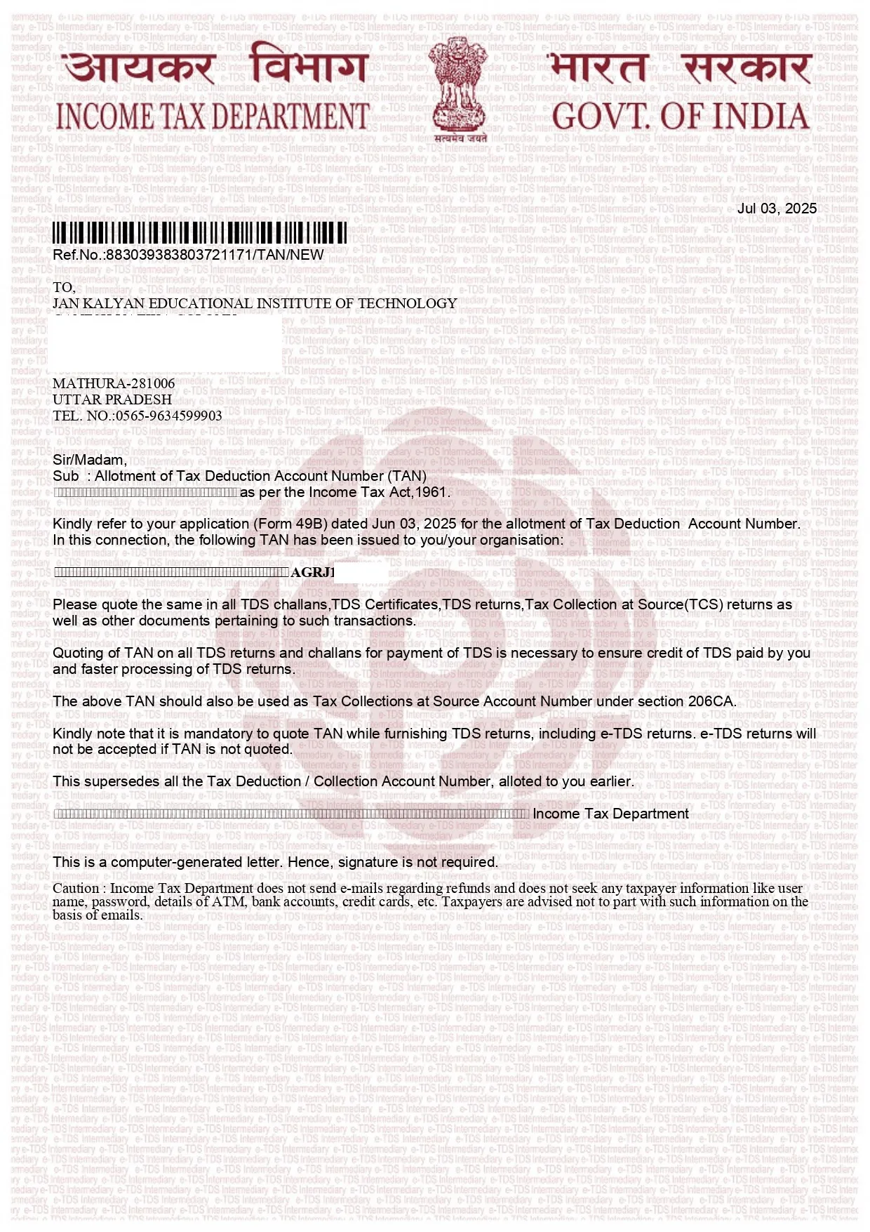 TAN Certificate