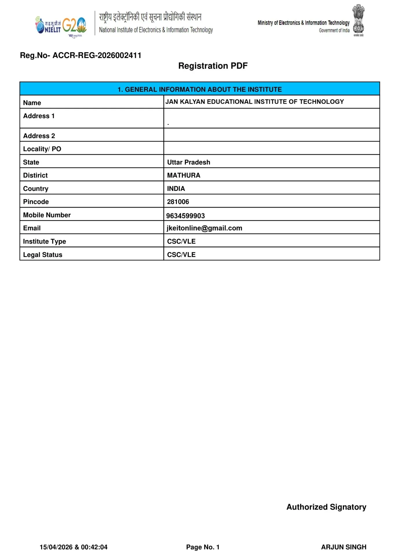 Registration Certificate of NIELIT